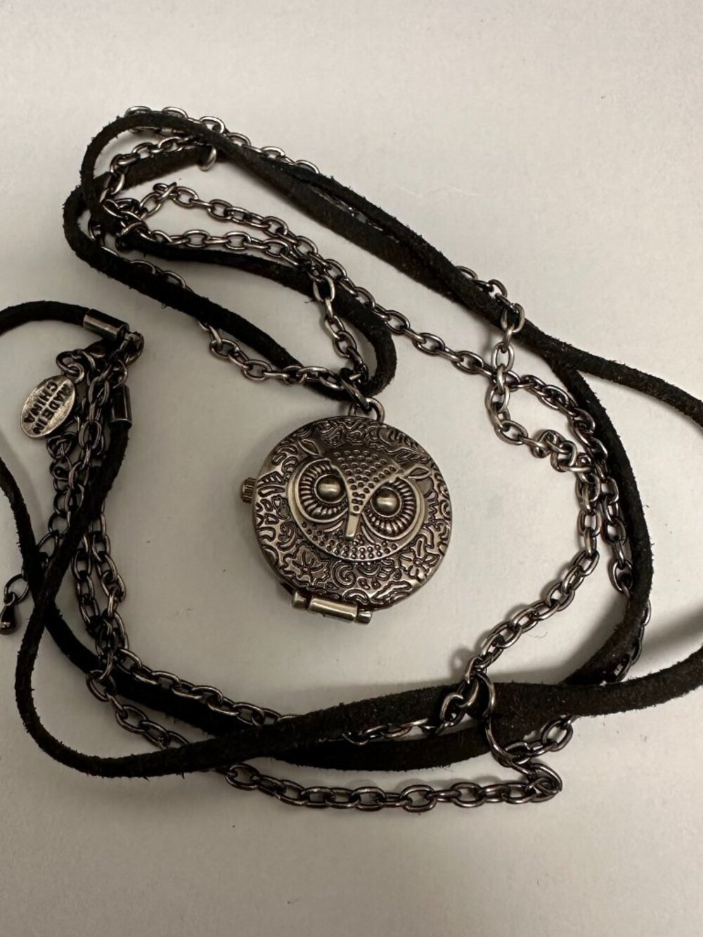 Decree Owl Watch Pendant Necklace Silver Tone Hidden Dial Suede Cord Works